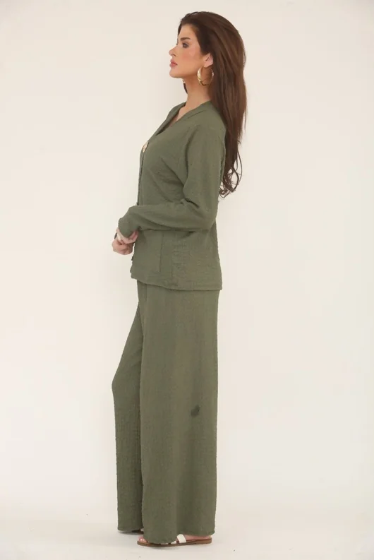 Khaki Long Sleeve Gold Button Cheesecloth Top And Trouser Co-Ord Set