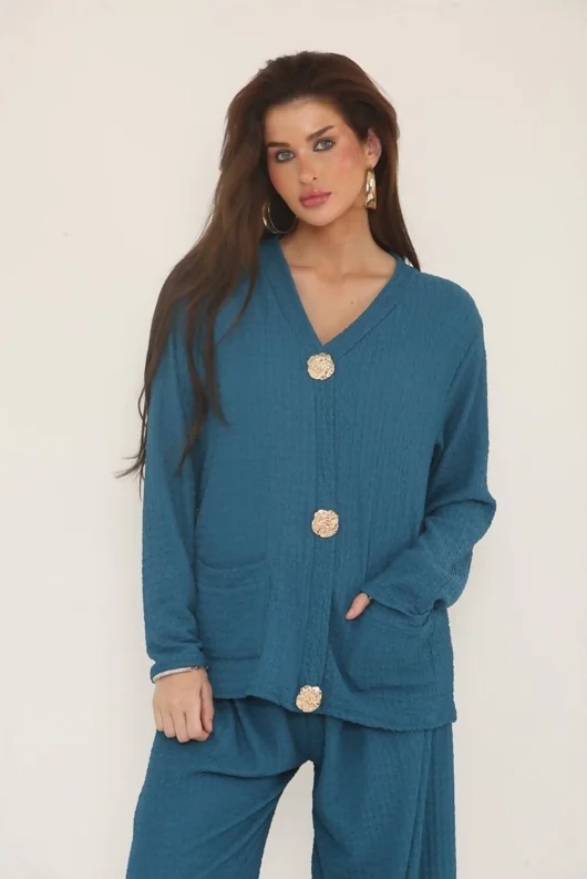 Teal Long Sleeve Gold Button Cheesecloth Top And Trouser Co-Ord Set