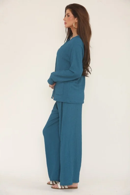 Teal Long Sleeve Gold Button Cheesecloth Top And Trouser Co-Ord Set