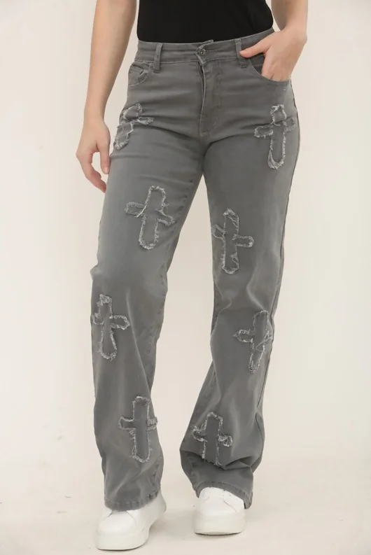Grey Distressed Wide Leg Jeans with Cross Patch Detail