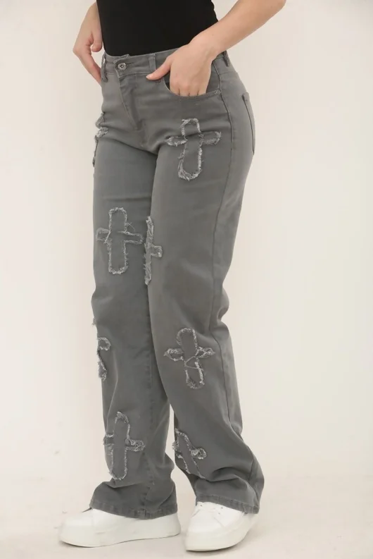 Grey Distressed Wide Leg Jeans with Cross Patch Detail