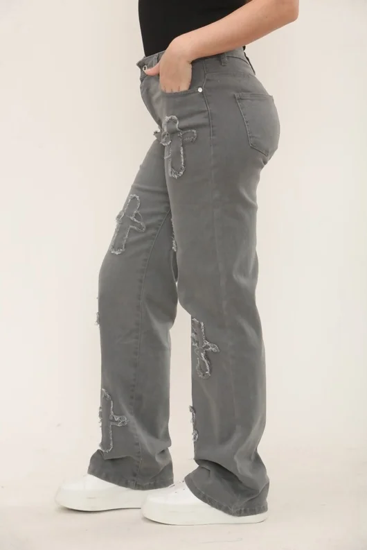 Grey Distressed Wide Leg Jeans with Cross Patch Detail