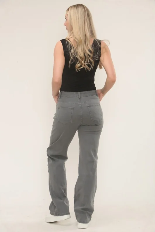 Grey Distressed Wide Leg Jeans with Cross Patch Detail