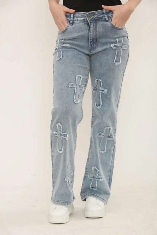 Blue Distressed Wide Leg Jeans with Cross Patch Detail