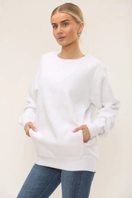 White Long Sleeve Crewneck Casual Oversized Sweatshirt