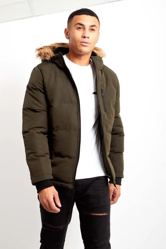 Mens Khaki Faux Fur Hood Puffer Jacket