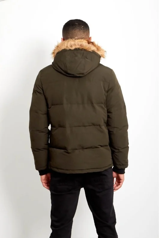 Mens Khaki Faux Fur Hood Puffer Jacket