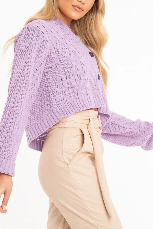 Lilac Cable Knit Cropped Button Cardigan 