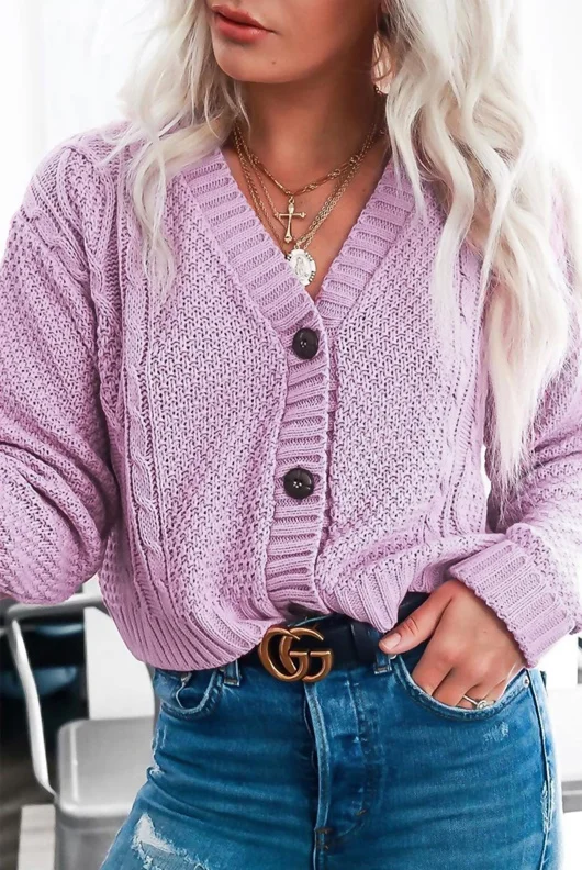 Lilac Cable Knit Cropped Button Cardigan 