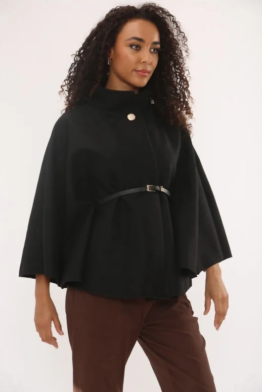 Black Wool Blend Cape Coat With Belt