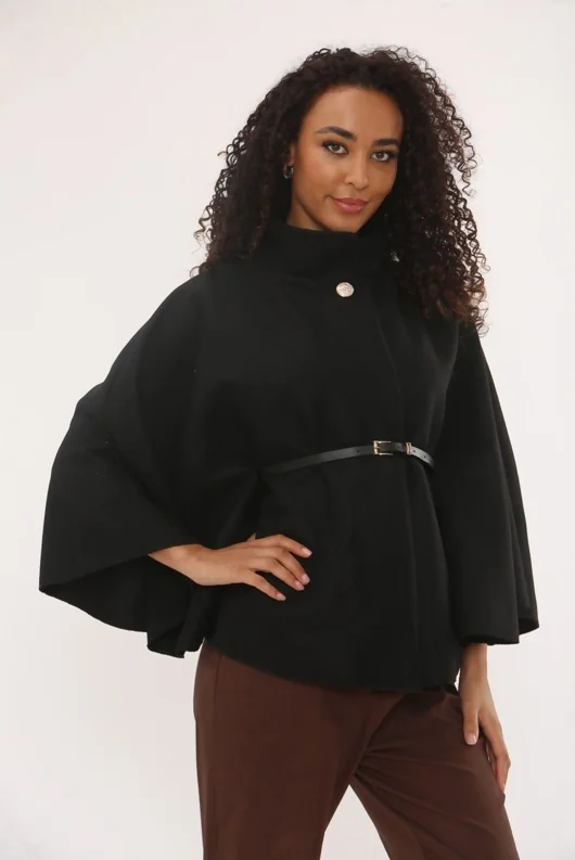 Black Wool Blend Cape Coat With Belt
