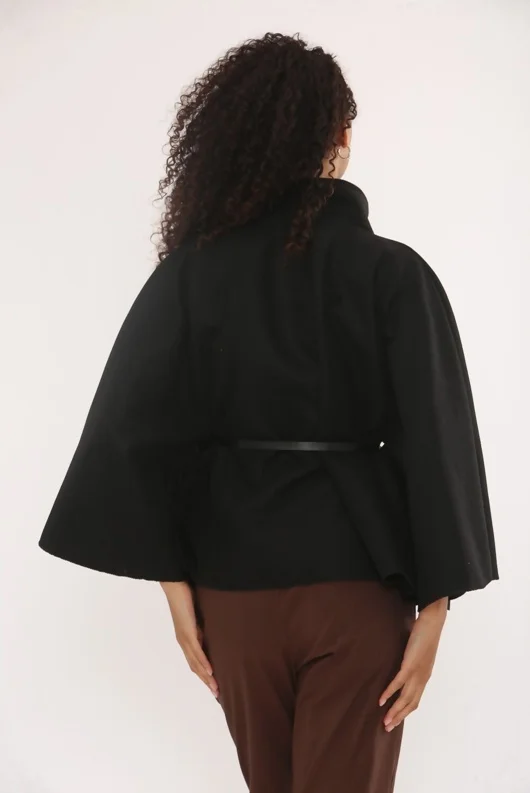 Black Wool Blend Cape Coat With Belt