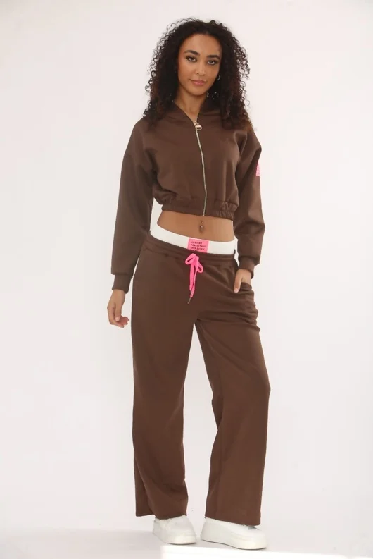 Mocha Graphic Badge Zip Up Cropped Hoodie With Contrast Trouser Co-Ord Set