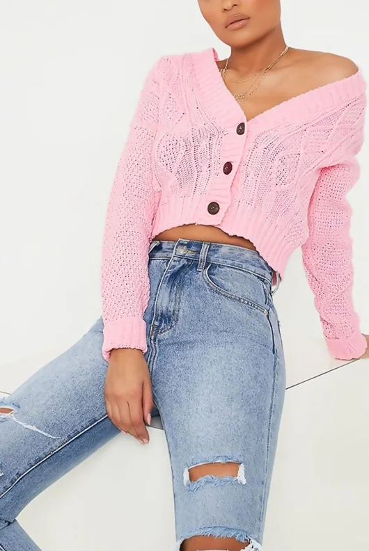 Pink Cable Knit Cropped Button Cardigan