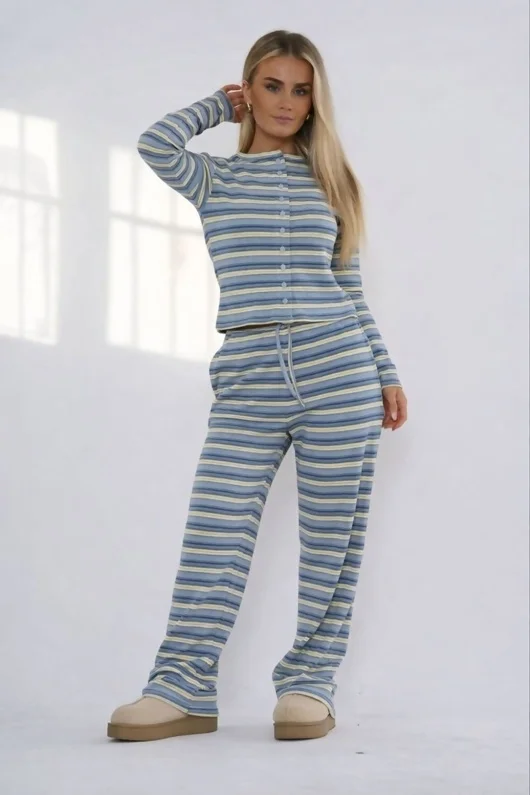 Navy Multi-Stripe Long Sleeve Buttoned Top And Trousers Co-Ord Set