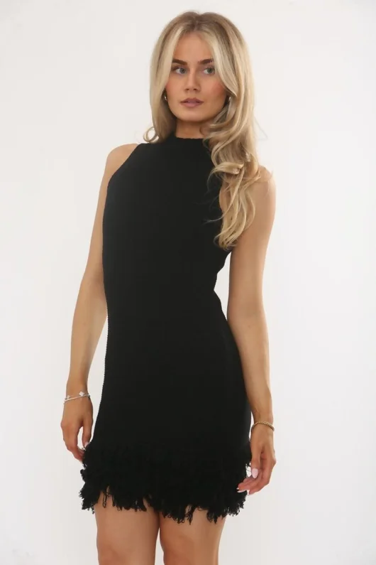 Black Ribbed Knit Sleeveless Turtleneck Frilled Hem Mini Dress