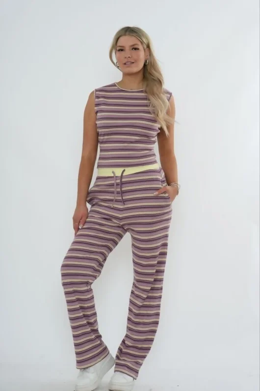 Wine Striped Sleeveless Crop Top And Wide Leg Trouser Co-Ord Set