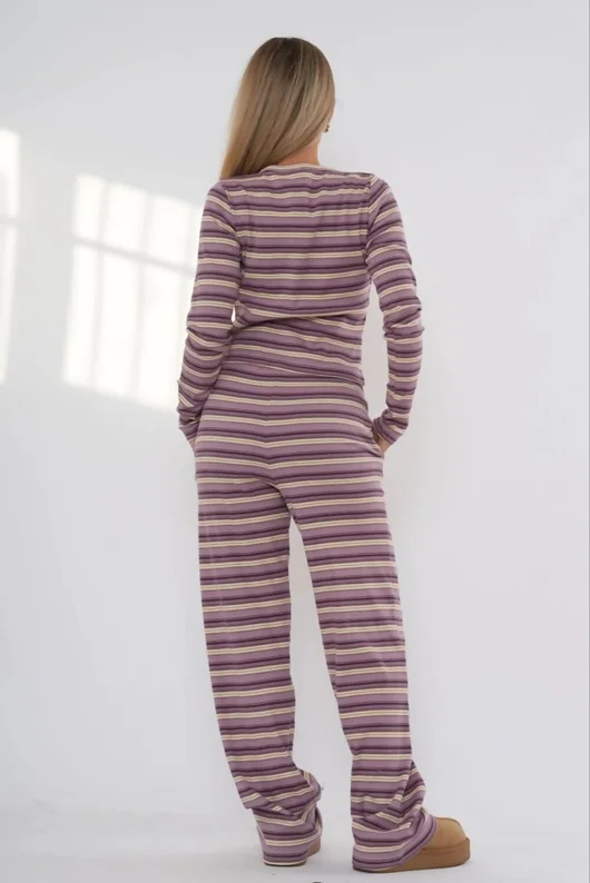 Wine Multi-Stripe Long Sleeve Buttoned Top And Trousers Co-Ord Set