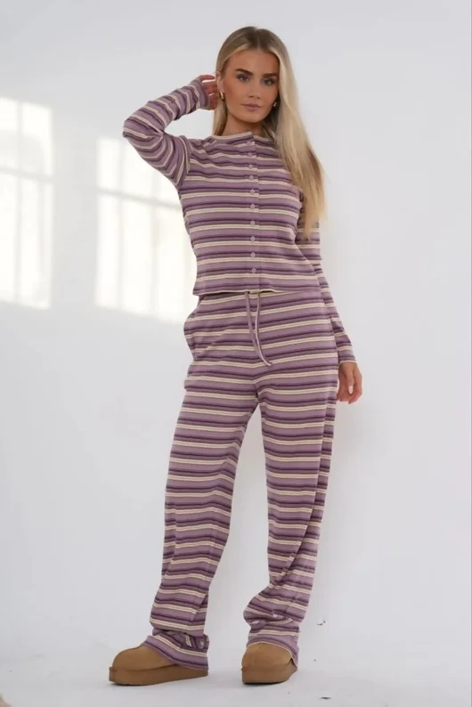 Wine Multi-Stripe Long Sleeve Buttoned Top And Trousers Co-Ord Set