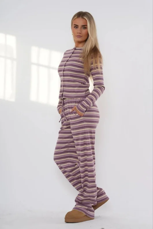 Wine Multi-Stripe Long Sleeve Buttoned Top And Trousers Co-Ord Set