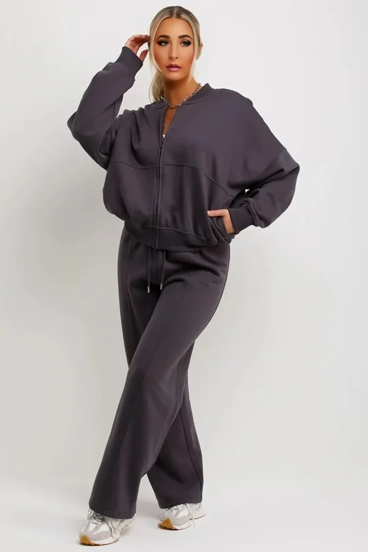 Slate Grey Bomber Sweatshirt With Straight Leg Jogger