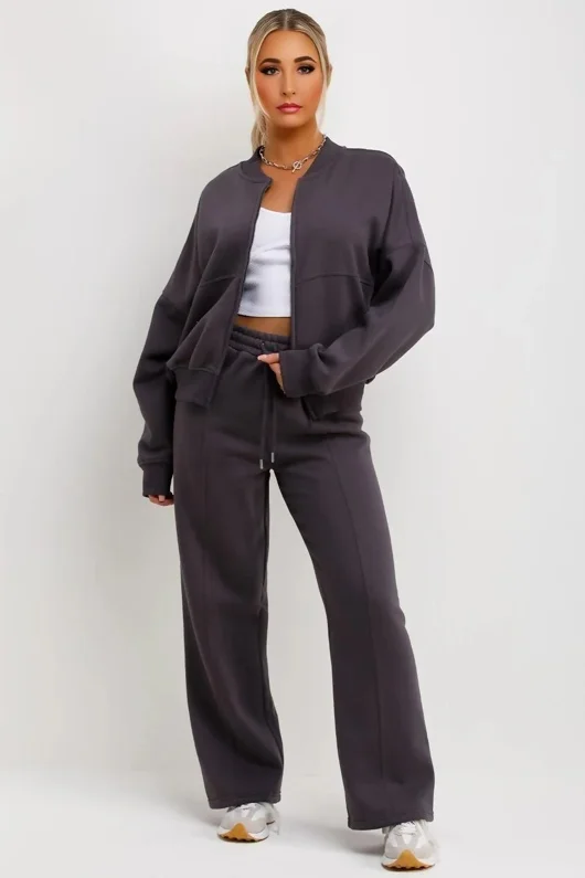 Slate Grey Bomber Sweatshirt With Straight Leg Jogger