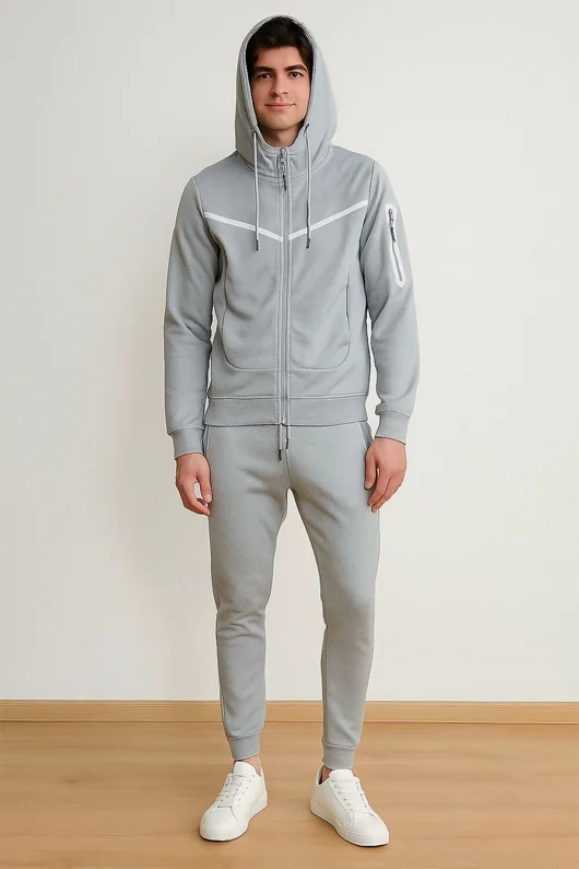 Mens Grey Full Zip Tracksuit With White Contrast