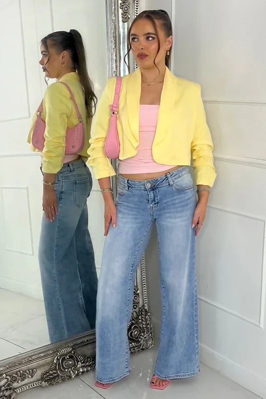 Yellow Cropped Blazer with Ruched Sleeves