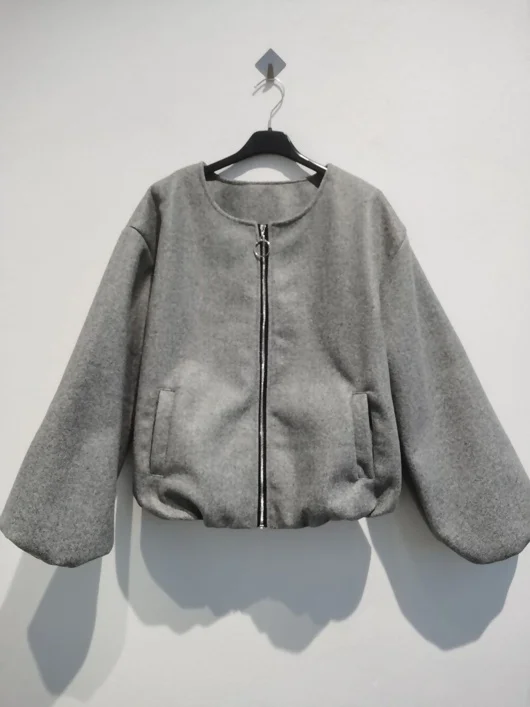 Grey Zip Up Cropped Bomber Jacket With Puff Sleeves
