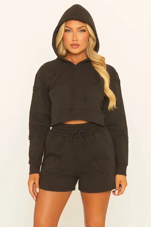 Black Crucifix Embroidered Cropped Hoodie Shorts Set