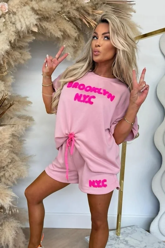 Pink Brooklyn NYC Embroidered Oversized T-shirt and Shorts Set