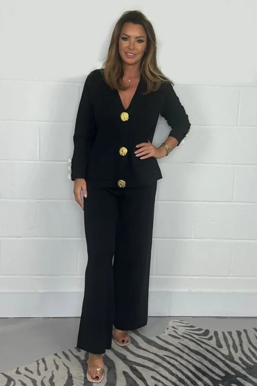 Black Long Sleeve Gold Button Cheesecloth Top And Trouser Co-Ord Set