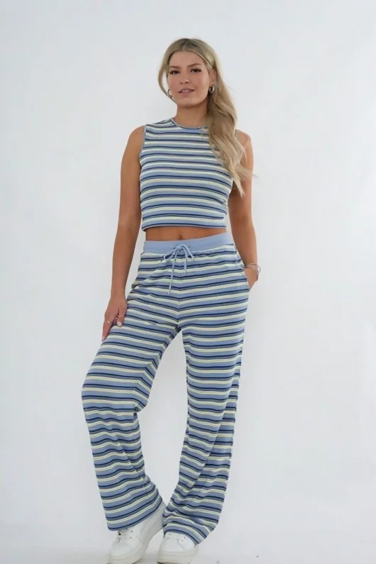  Navy Striped Sleeveless Crop Top And Wide Leg Trouser Co-Ord Set