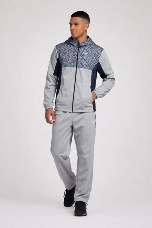 Mens Silver Grey Colourblock Hooded Zip-Up Tracksuit Set