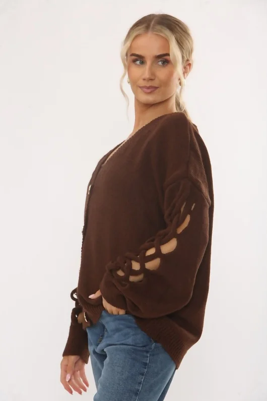 Brown Braided Cut Out Sleeves Buttoned Knit Cardigan