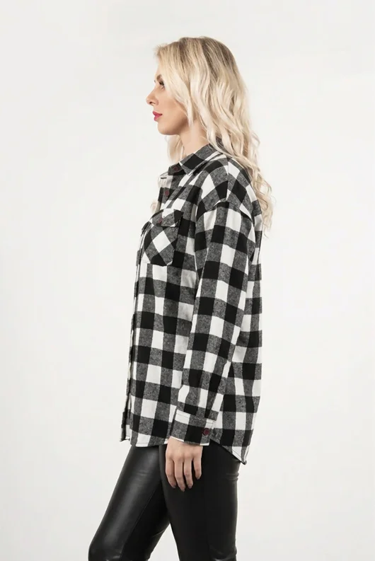 Black And White Checked Balloon Sleeve Shirt