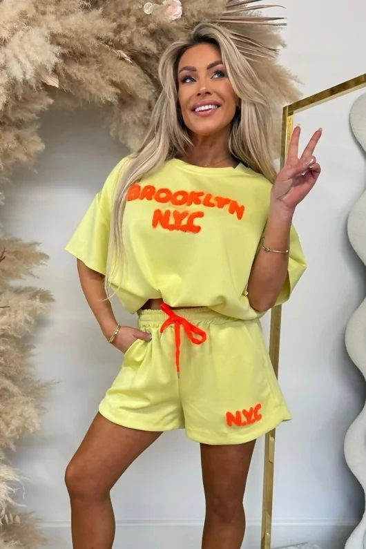 Yellow Brooklyn NYC Embroidered Oversized T-shirt and Shorts Set