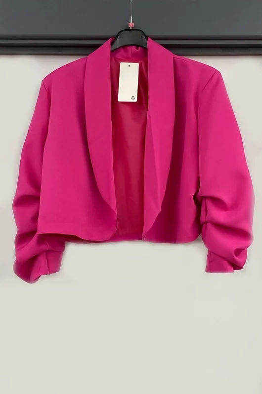 Hot Pink Cropped Blazer with Ruched Sleeves
