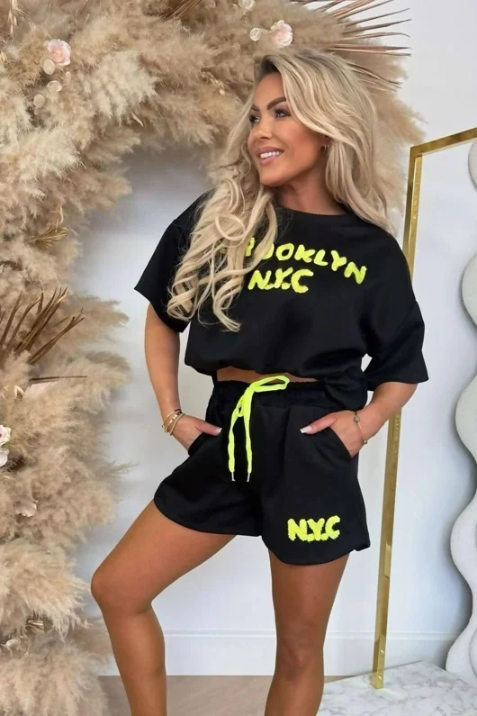 Black Brooklyn NYC Embroidered Oversized T-shirt and Shorts Set