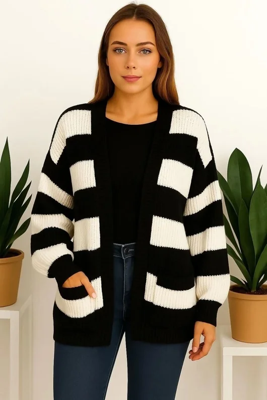 Black Long Sleeve Striped Balloon Knit Cardigan With Pockets