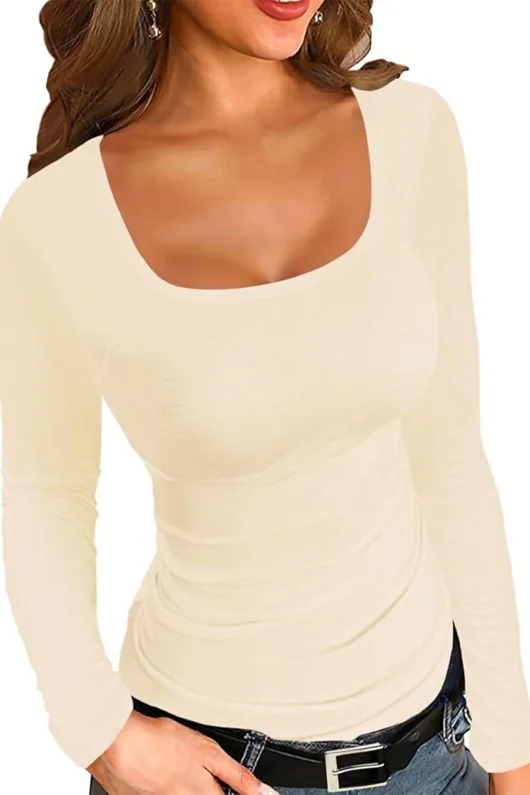 Cream Stretchable Square Neck Long Sleeve Top