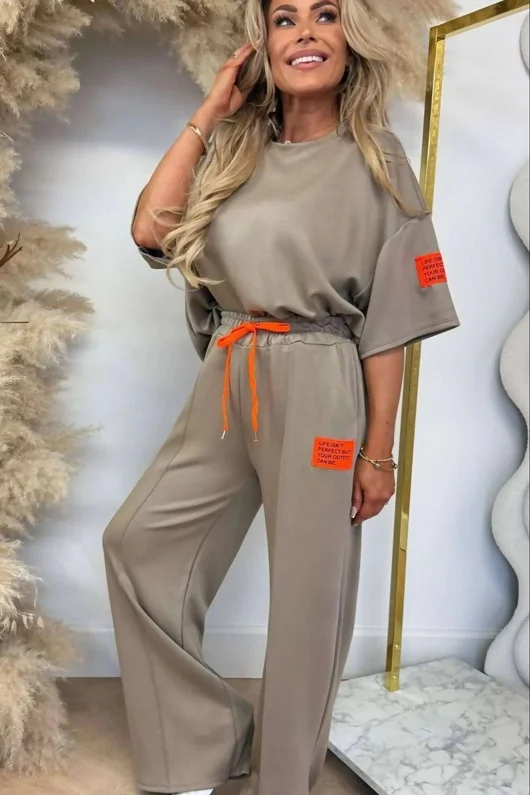 Oatmeal Graphic Badge Oversized T-Shirt With Wide Leg Trouser Co-Ord Set