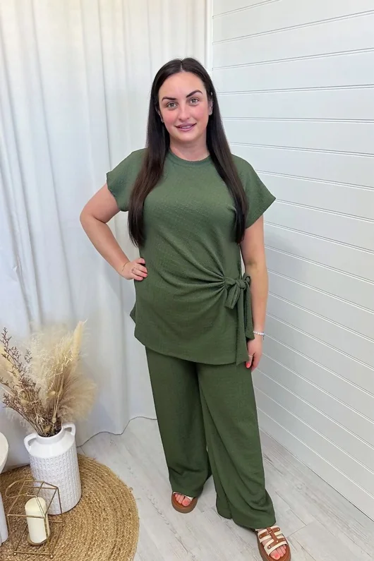 Khaki Two-Piece Loungewear Set with Side Tie Top and Wide Leg Pants